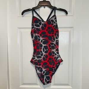 Arena Red and Black Geometric One Piece Swimsuit. Size 38
